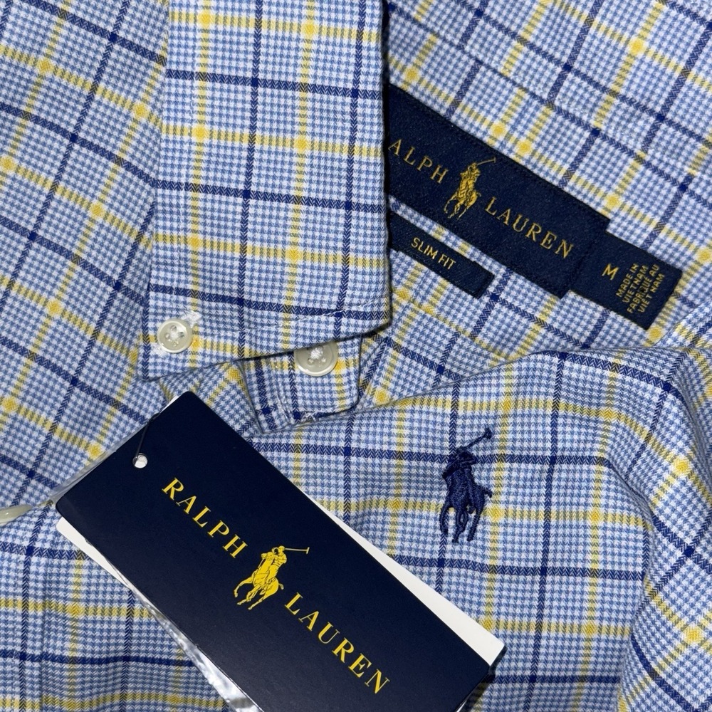 NEW Polo Ralph Lauren Long Sleeve Button Down Oxford Mens M Slim Blue Glen Plaid